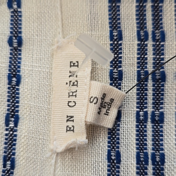 En Creme Women's Beige & Blue Striped Blouse Button Front Collar Top Size Small - Picture 7 of 13